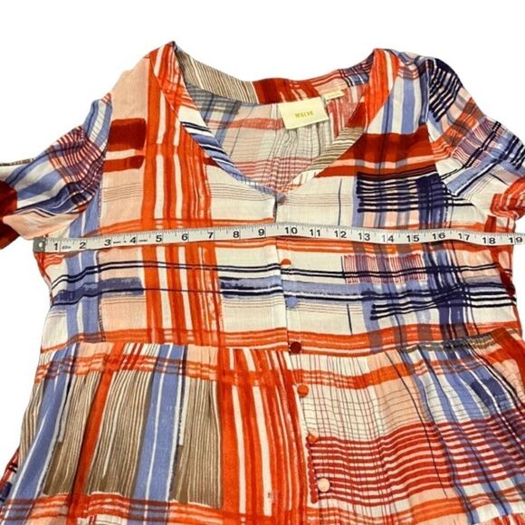 Maeve Anthropologie Babydoll Tunic Top Button Front V-Neck Red White Blue Size M - Picture 6 of 11